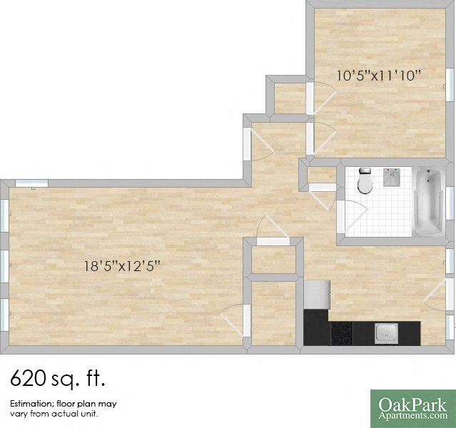 Floor plan for 1 bed, 1 bath, 680 sqft